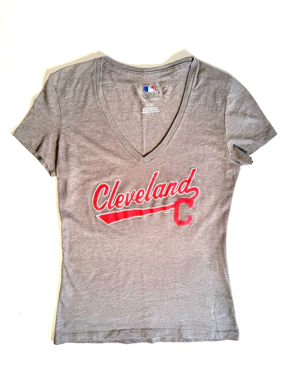 Cleveland Guardians MLB Womens V-Neck Graphic Tee Shirt Gray Gameday Style S